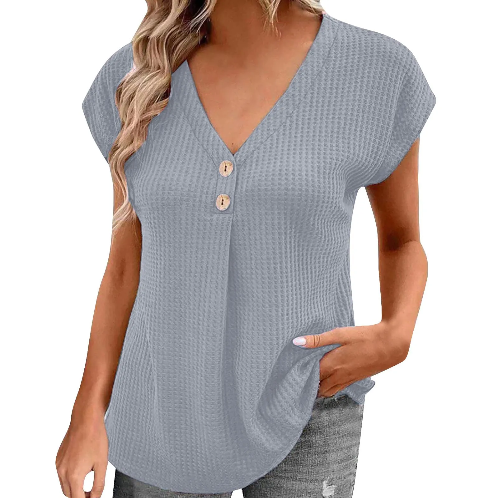 

Women's Fashion Casual Solid Color V-Neck Button Short Sleeve T-Shirt Top кофта женская hauts grande taille camisetas femininas