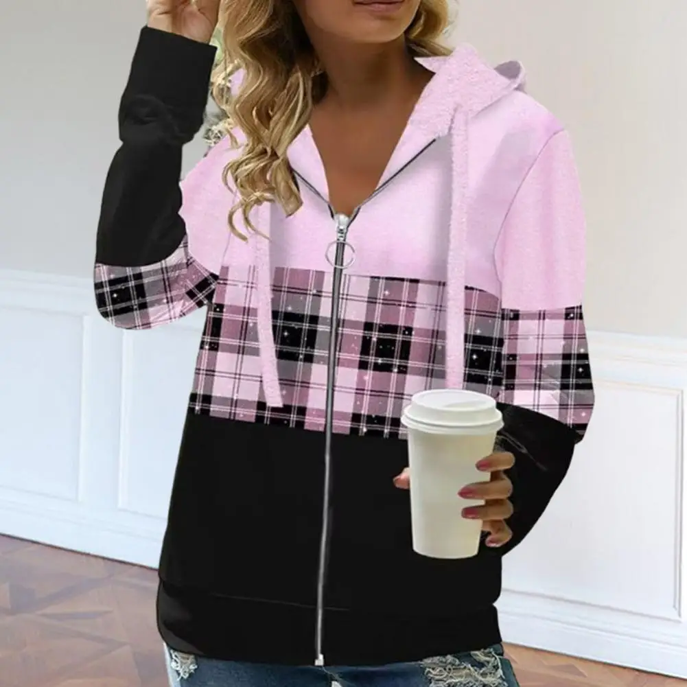 Polyester Women Coat Stylish Plaid Zipper Cardigan Hoodies for Women Streetwear for Autumn Spring Seasons Stylish Fall for Women