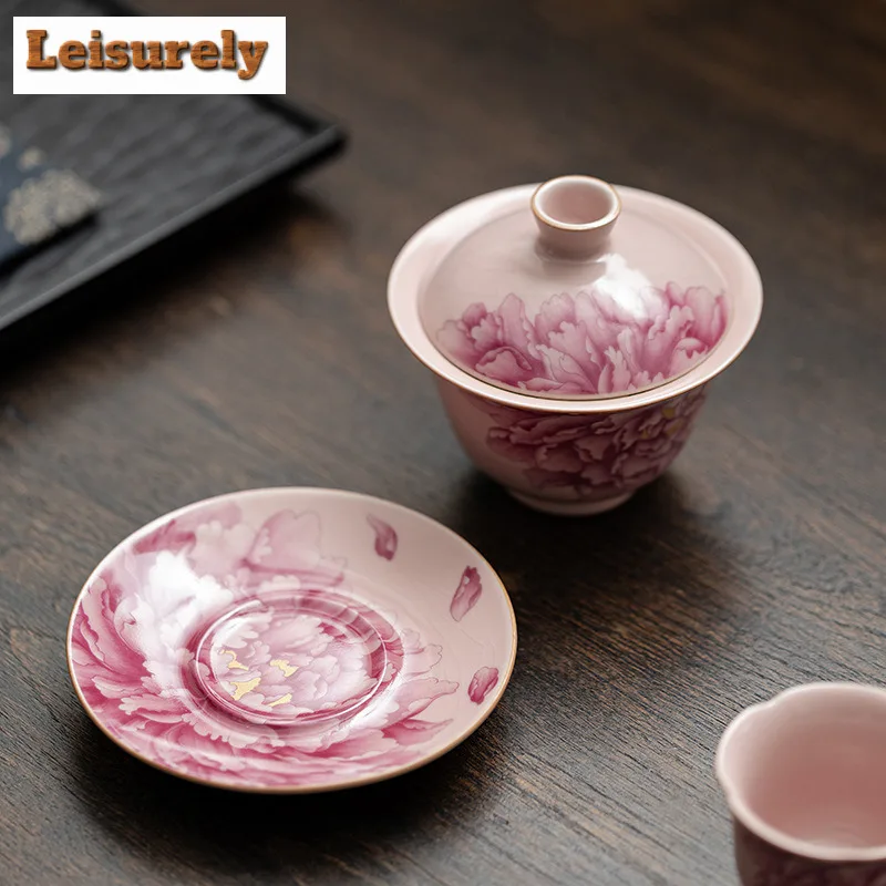 130ML Pink Ru Kiln Gaiwan Japanese Peony Sancai  Anti-scald Tea Tureen Tea Brewing Cover Bowl Tableware Decoration Collection