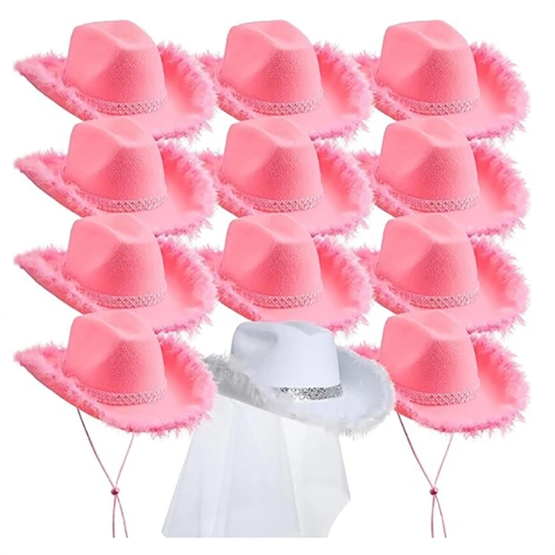 Bachelorettes Party Hat Set for Bridal Shower Women Cowgirl Hat Wedding Accessories Furry Brim Nightclub Headwear cowgirl hats