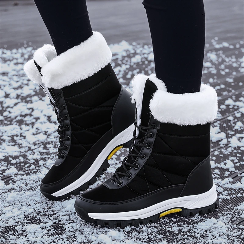 

Women Platform Boots Winter Plush Warm Shoes Fashion Female Mid-Calf Snow Boots Non-slip Gray Flat Shoes Bota Feminina