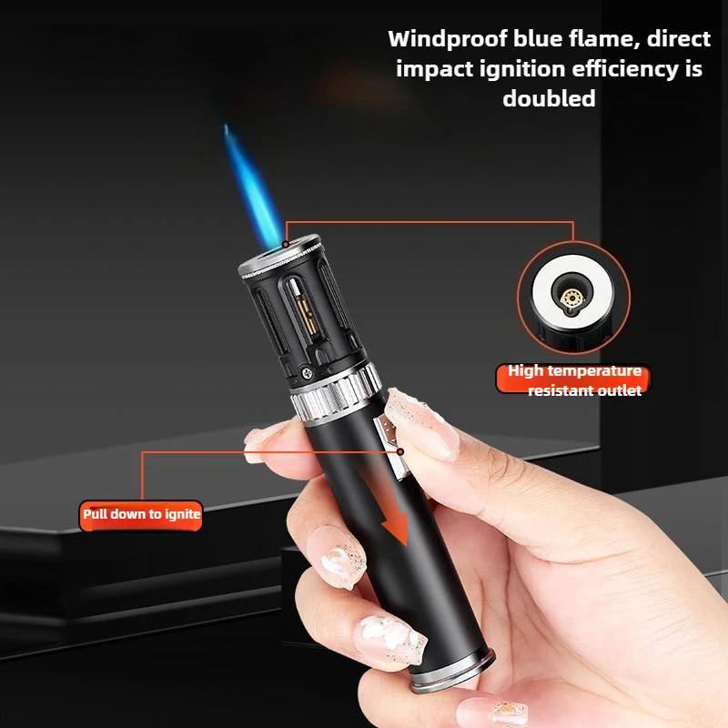 New Cylindrical Butane Gas Lighter, Outdoor Camping and Barbecue Portable Ignitor, Cigar Lighter, Metal, Windproof