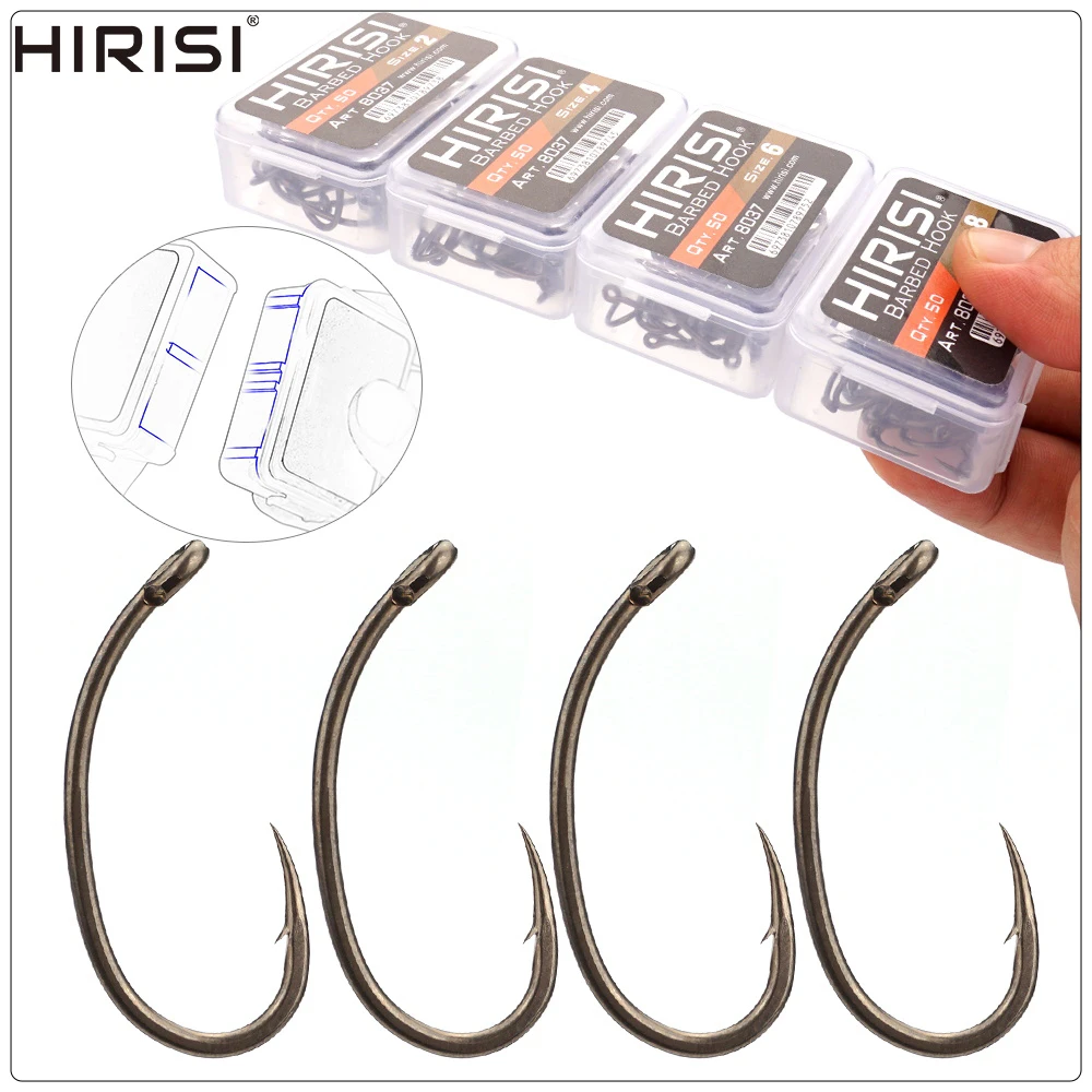 Hirisi 50 Stück PTFE-beschichteter Angelhaken aus Edelstahl mit hohem Kohlenstoffgehalt und Mikro-Widerhaken mit Auge und spleißbarer Box 8037 – Detail 1