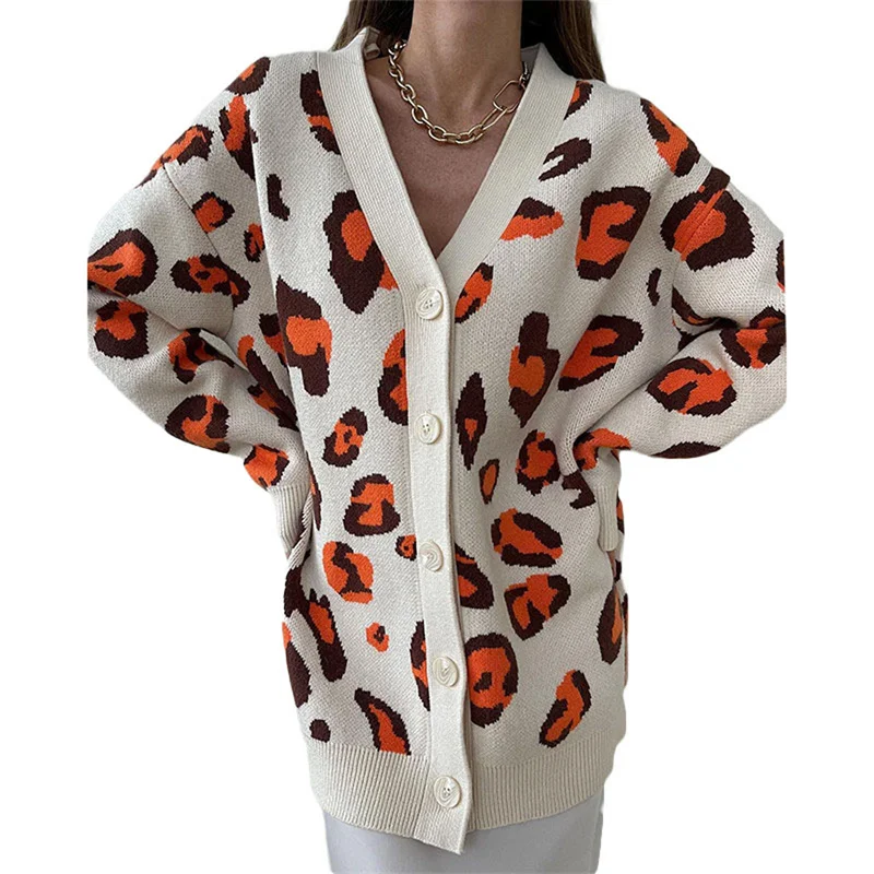 

Loose Contrast Color Knit Cardigan Female Fall Winter Leopard Print Sweater Women Long Sleeve V Neck Button Down Tops Streetwear