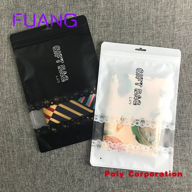 

Custom Customized Black Frosted Garment Zipper Bag Eco-Frinedly Plastic Window Lace Bag Underwear Bra Leggings Gift Packing Bag