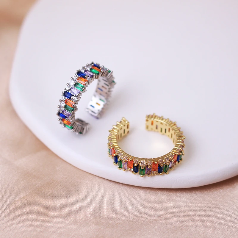 여성용 다채로운 큐빅 반지, 럭셔리 패션 레인보우 반지, 크기 조정 가능한 지르콘 반지, 웨딩 파티 주얼리