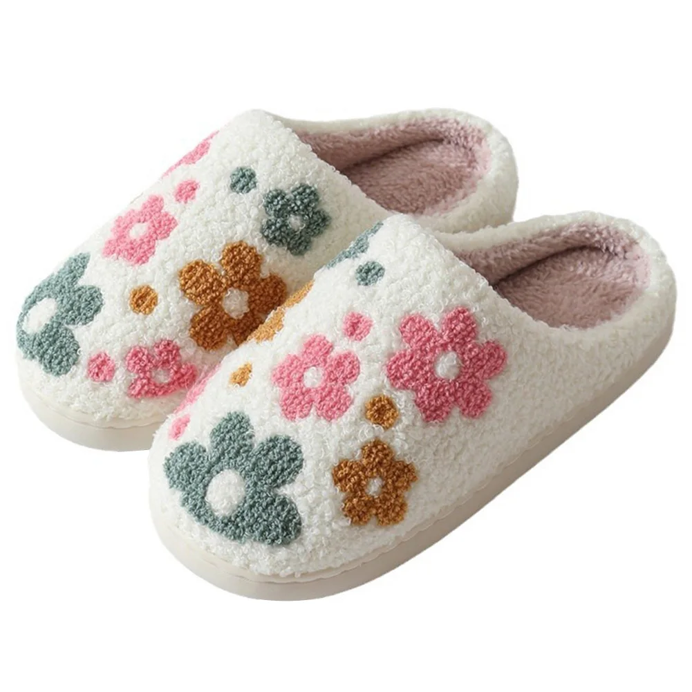 Plush Flower Slippers Closed Toe Slippers Comfortable Fluffy Couple Slippers Non-Slip Floral Furry Slippers for Indoor Bedroom