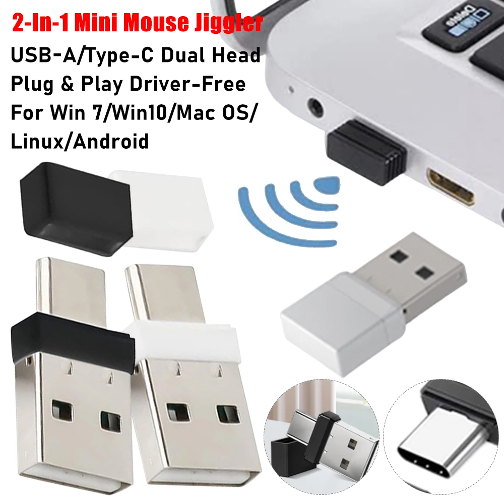 2-In-1 USB-A/Type-C Mini Mouse Jiggler Plug & Play Driver Free Mouse Mover For Meeting Keep Computer Awake Laptop Accessories