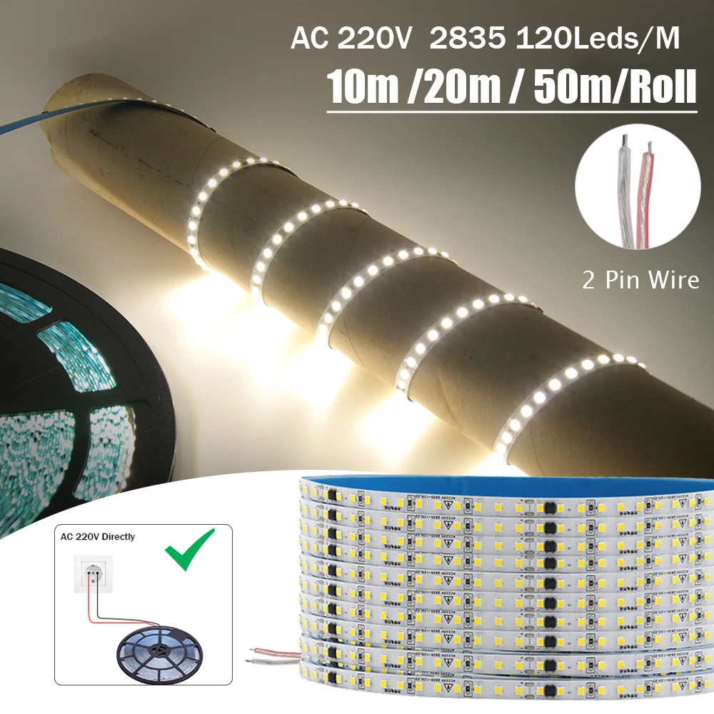 

10M 20M 50M/Roll AC 220V 240V LED Strip IP44 Waterproof Driver Build In SMD 2835 120Leds/M Home Decor Flexible Ribbon Tape Light