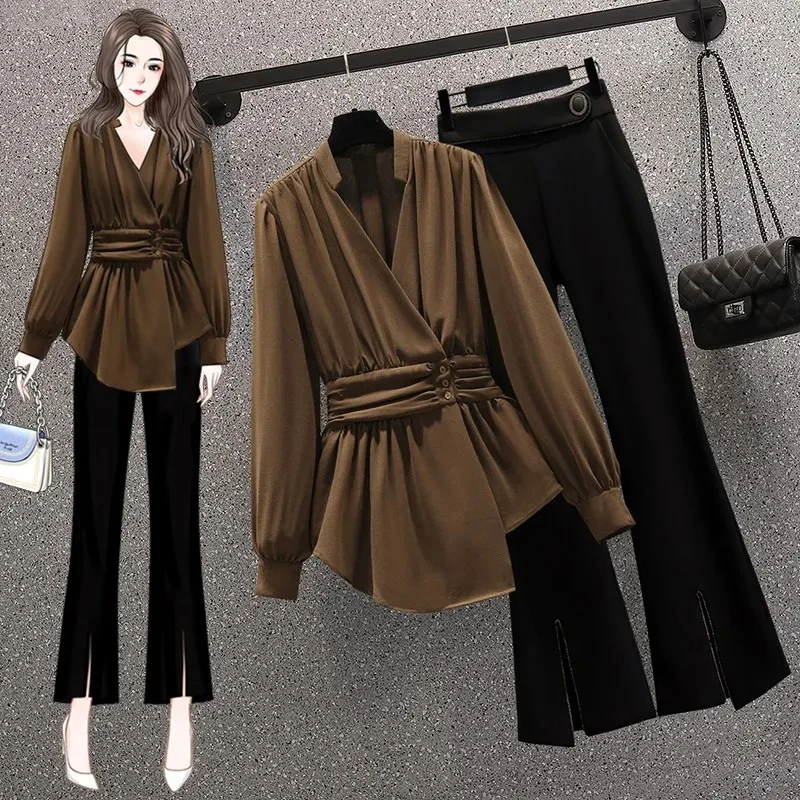 2022 French design shirt women's spring plus size temperament top pear-shaped perfect figure micro-pull pants slimming suit aesthetic design bow drill micro flared jeans women wide leg fringe stretch skinny demin pants mujer elegant tassel bell bottoms