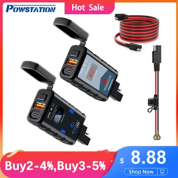 Powstation 오토바이 USB 충전기, QC 3.0, C타입 방수, 6.4A 오토바이 휴대폰 충전기, 전압계 모토 전원 공급 장치 소켓 포함