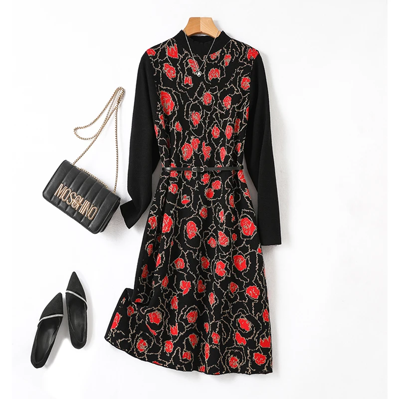 

Floral Black Sweater Dress Autumn Winter Long Sleeve Women Designer Slim Soft Warm Knit Jacquard Dresses Elegant Midi Frock