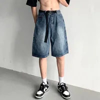 Loose Straight Leg Blue Denim Shorts Men's Summer Fashion Cityboy Style Five-Quarter Length Casual Male Attire