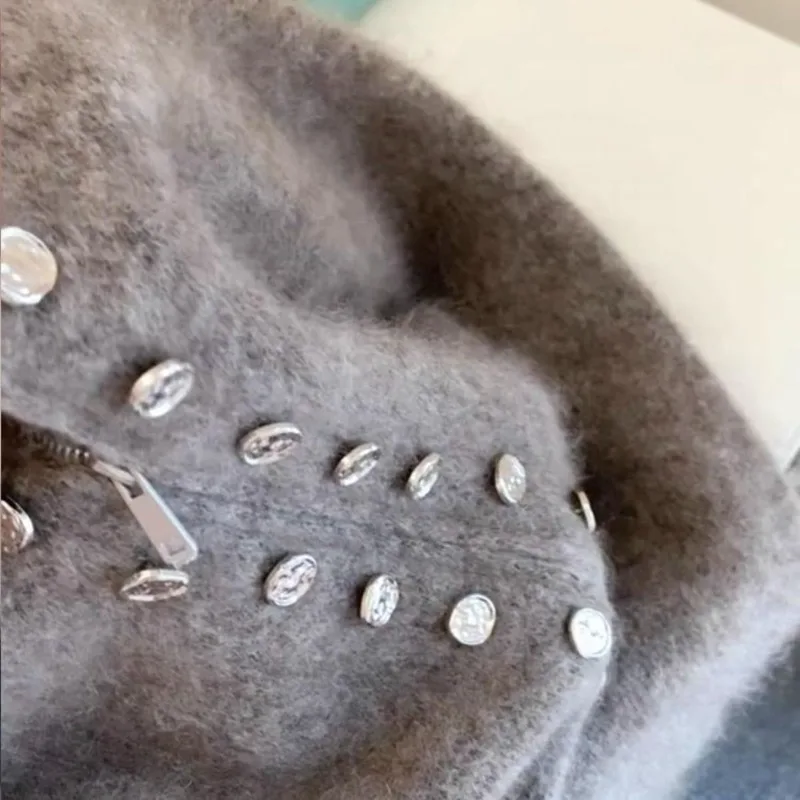 Luxury Fluffy Knitted Cardigan Sweater Design Double Breasted Sweater Coat Women Autumn High-end Lazy Zipper 2000s Y2k Knit Top