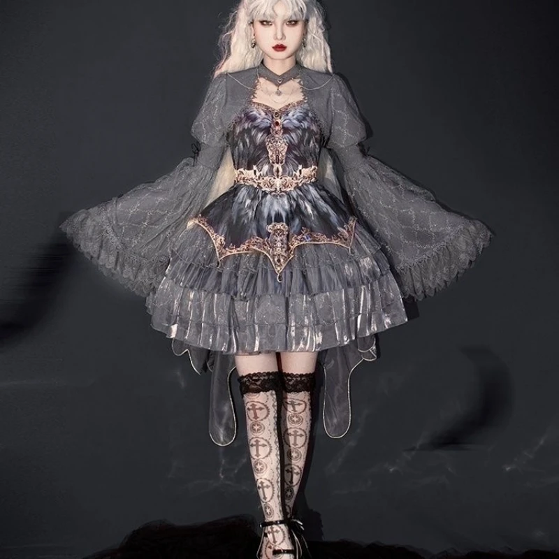 Japanese Victorian Vintage Lolita Halter Dress Women Gothic Style Harajuku Y2k Grey Layered Cake Dresses Girls Kawaii Cute Dress lolita dress lolita cosplay costumes