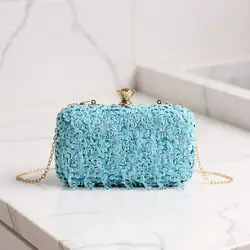 Sky Blue Tassel Evening Clutch with Embroidered Glitter Crown Design (YM1540 L BLUE)