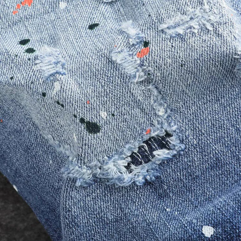 High Street Fashion Men's Elastic Tight Jeans Retro Blue Split Jeans Men's Designer Hip Hop Brand Pants