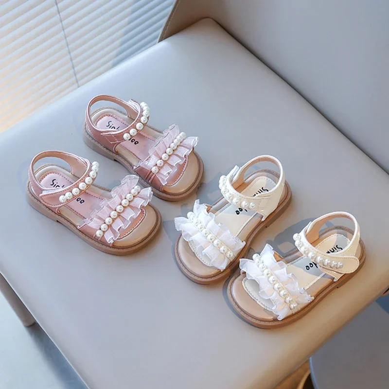 Girls Summer Sandals Kids Beach Shoes with Pearls and Lace