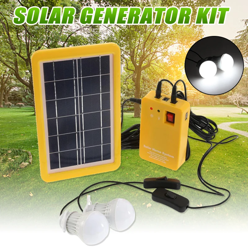 3W Solar Panel Emergency Light Kit Solar 4 Heads USB Charger Cable with 2 LED Light Bulb for Outdoor Camping Travel Lighting