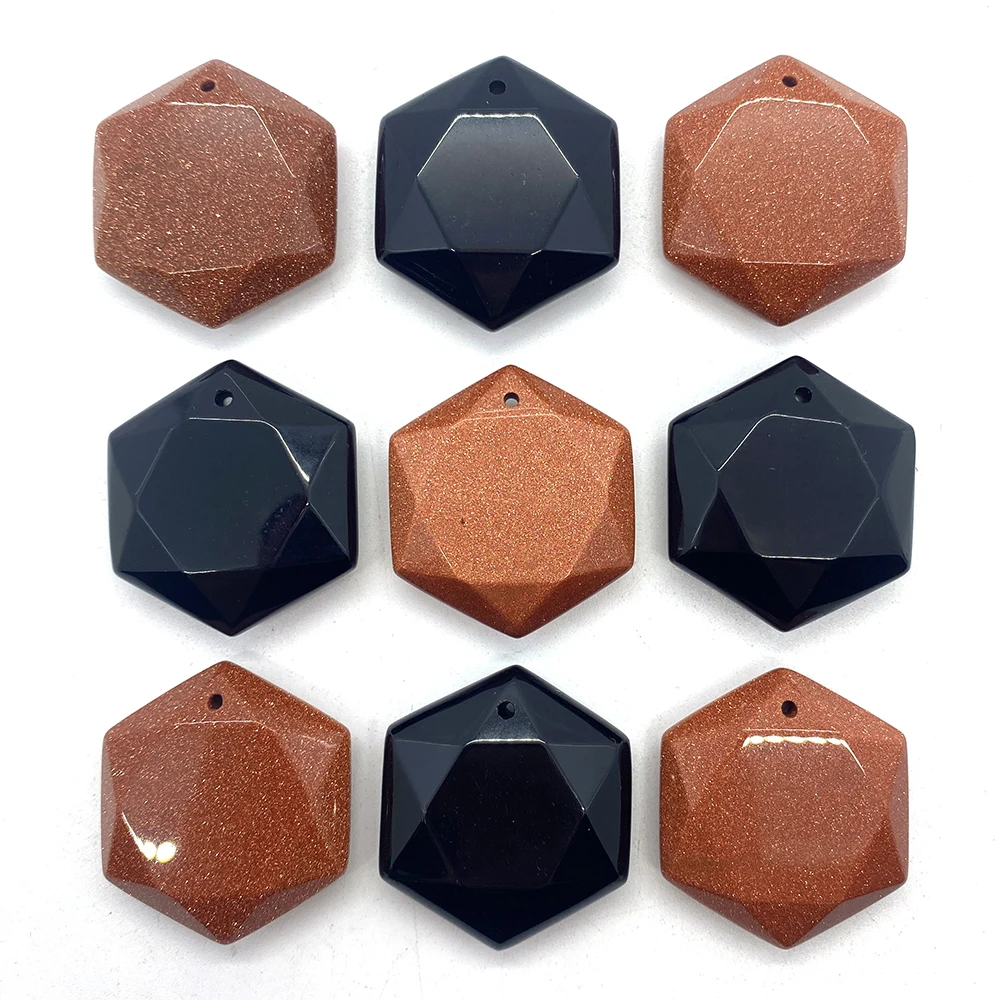 

2pcs/pack Hexagon Shaped Section Natural Semi-precious Stone Beads 28mm Size Gold Sand Hematite DIY for Making Necklace Earring