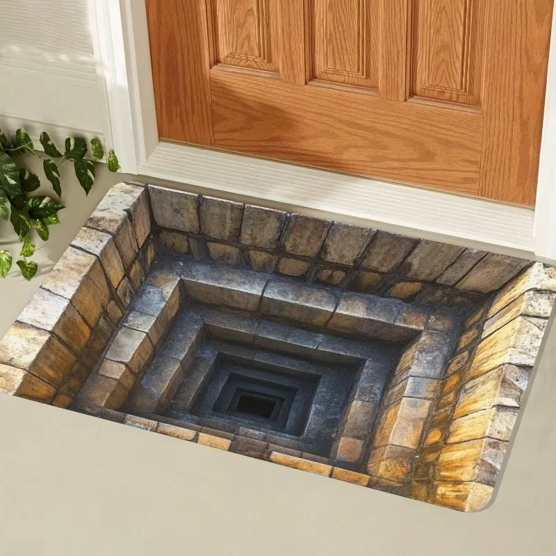 Optical illusion doormat displayed in an entryway