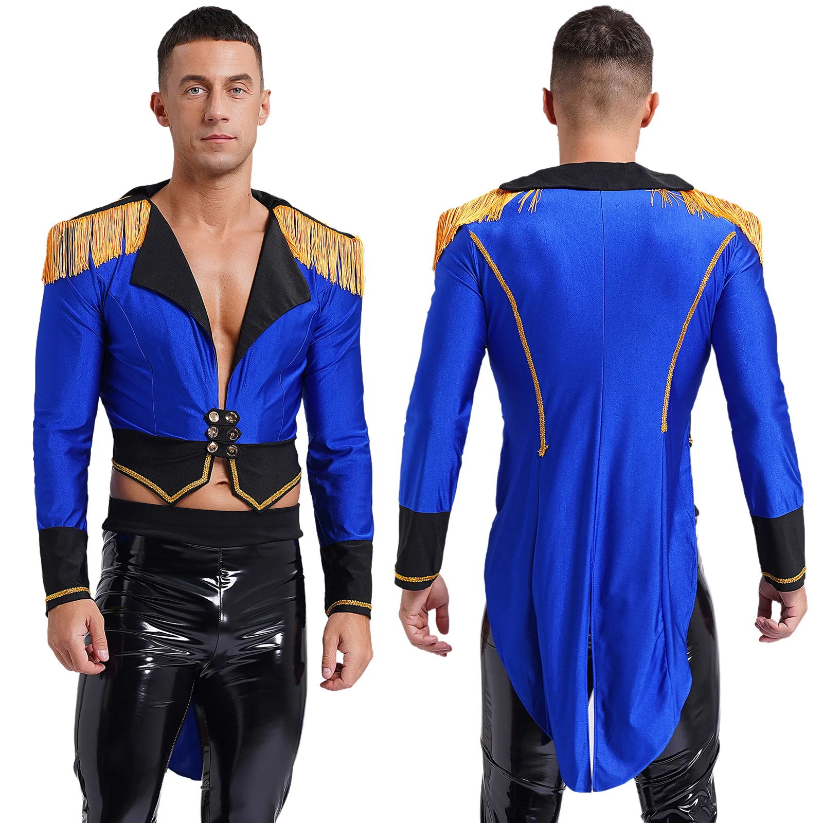 thumbnail image 1 of Prendas de abrigo de circo para hombre, disfraz de mago de circo, disfraz de Halloween, abrigo de cola cruzado de manga larga con cuello en V profundo, 1 of 5