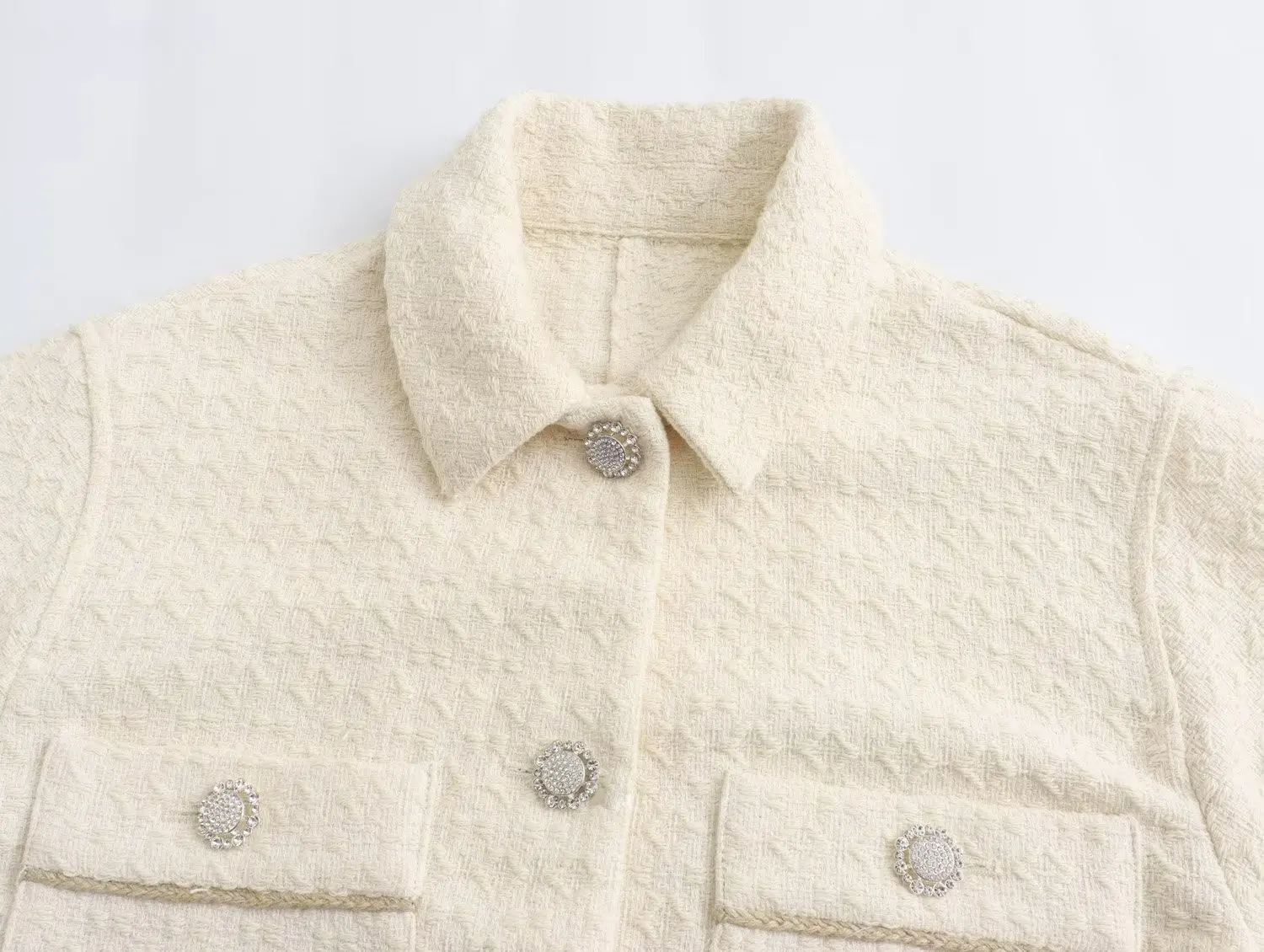 Dave&Di French Fashion Ladies Elegant Beige Textured Jacket Button Casual  Gemstone Jacket Coat Women