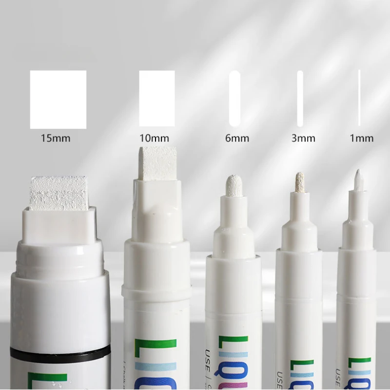 0.7/3/6/10/15mm White Liquid Chalk Set Erasable Whiteboard Marker Pen LED Water Based Ink Pen School Classroom Supplies 4pcs