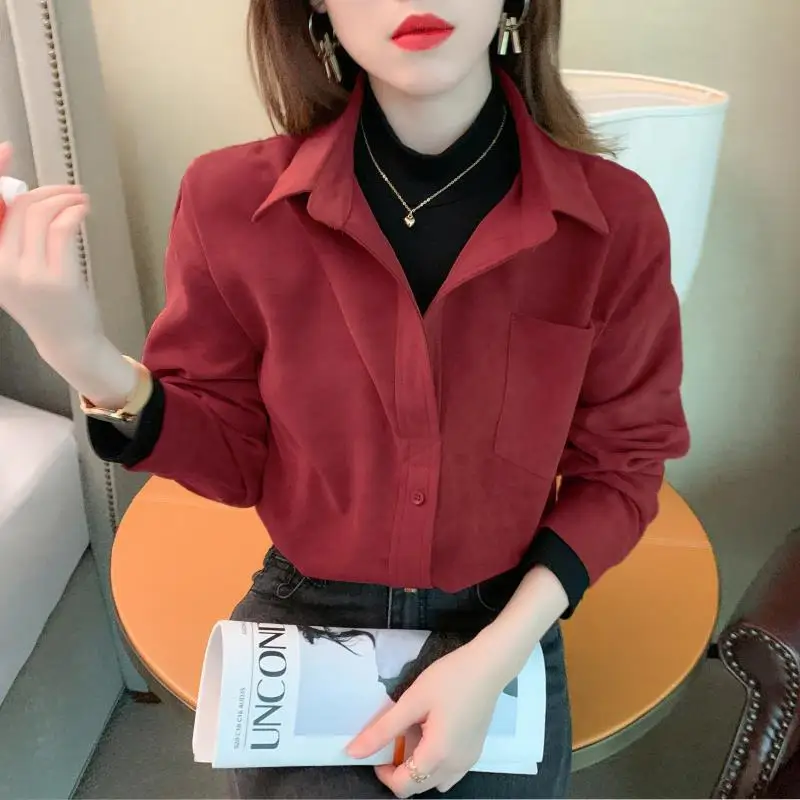 Fashion Button Spliced Loose Pockets Fake Two Pieces Blouse Women Clothing 2022 Autumn New Casual Pullovers All-match Chic Shirt