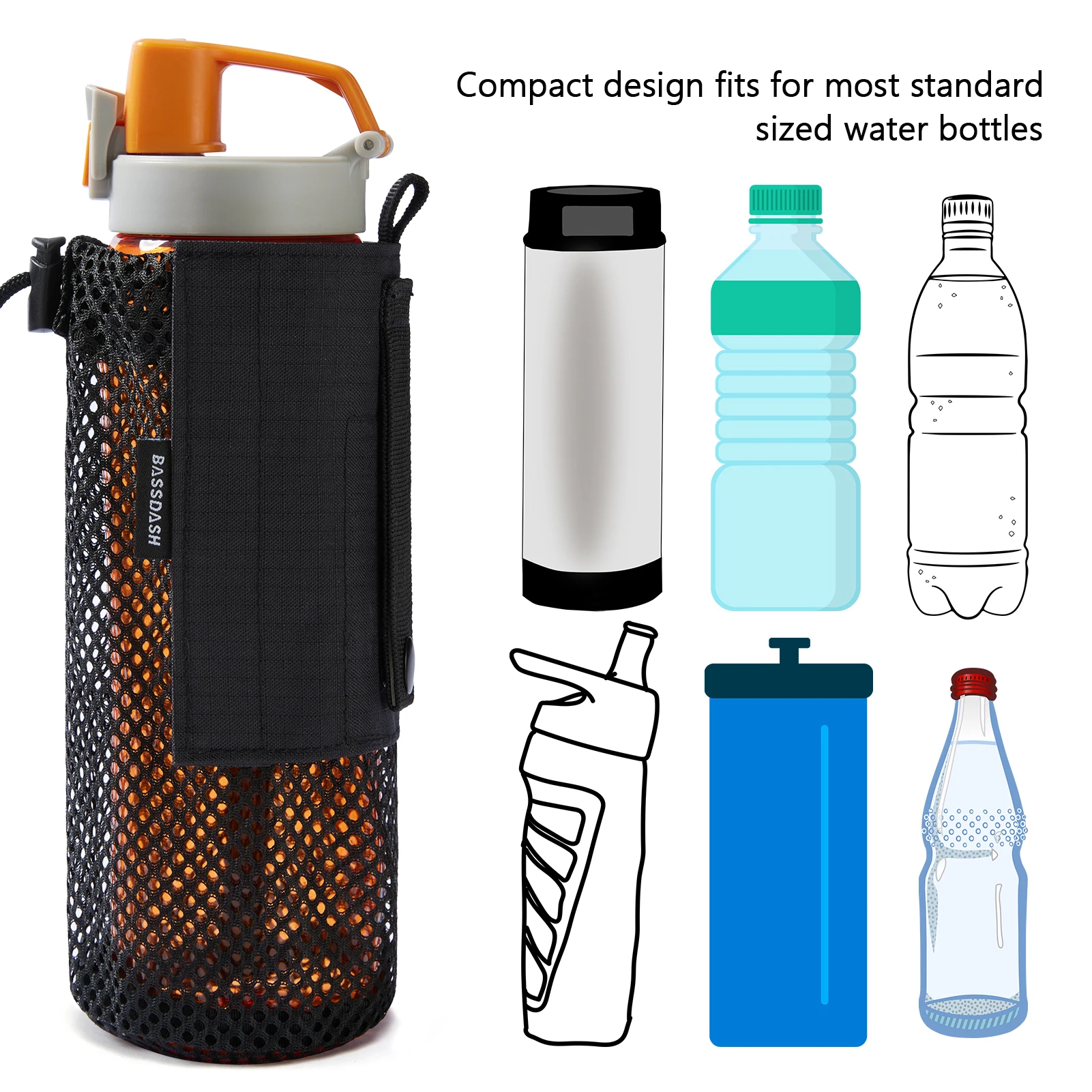 Water Bottle Pouch with Molle Straps Belt Clip Carabiner Foldable Mesh Holder Bag for Travel Fishing Hunting Hiking