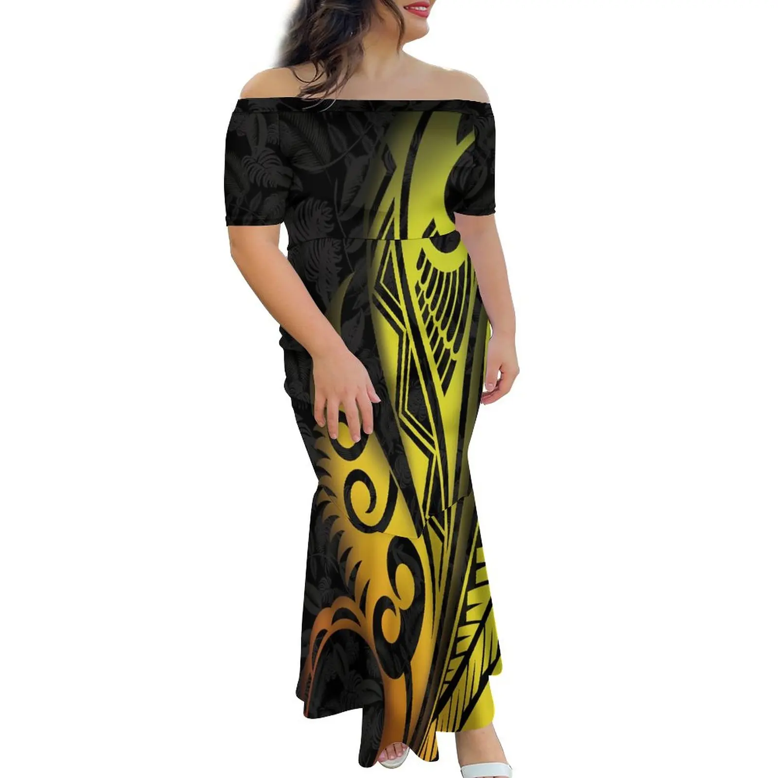 

Customized On Demand Big People Dinner Half Shoulder Fishtail Dress Hawaii Polynesian Pacific Island Art 8XL One Shoulder Dress