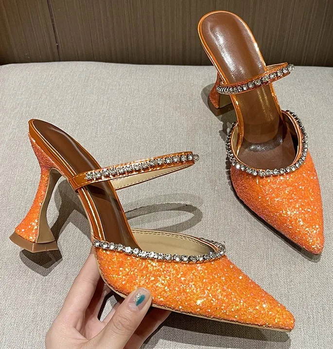 

Сандалии с блестящими стразами на ремешках, женские Роскошные блестящие сандалии с острым носком, женская летняя дизайнерская обувь большого размера