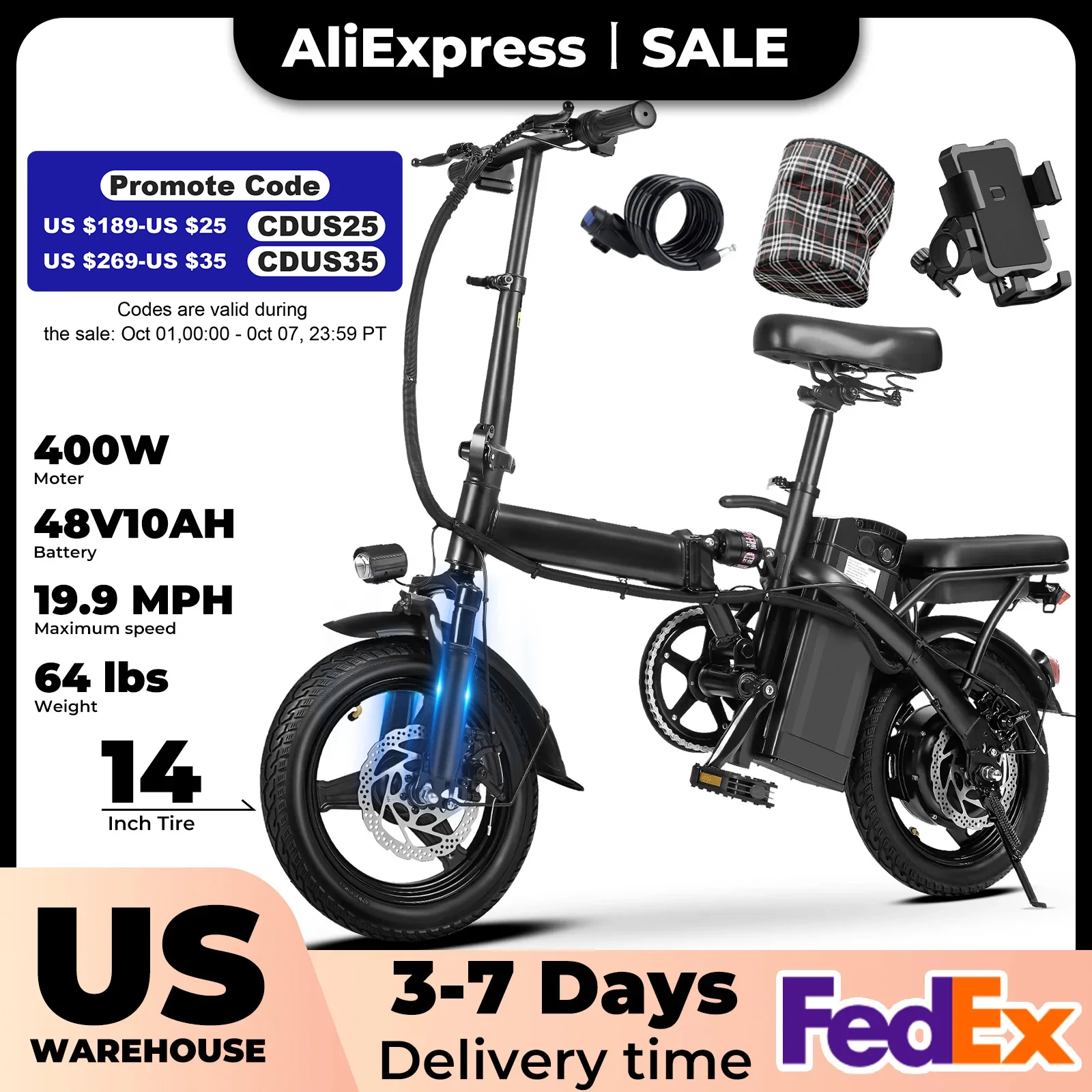 400W dual disc brake adult foldable electric bicycle with seat and basket 14 inches 48V 10.4Ah 22 mile range 20MPH 1