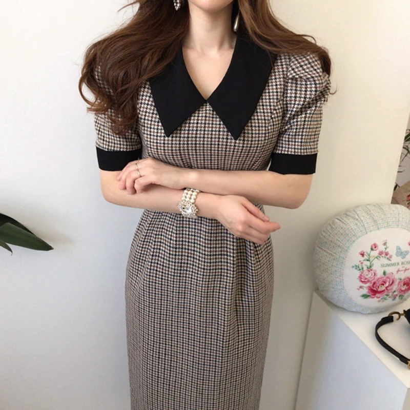 

Chic Women Plaid Dress Puff Sleeve Lapel High Waist Slim Fit Split Long Dress Spring Elegant Female Vestido