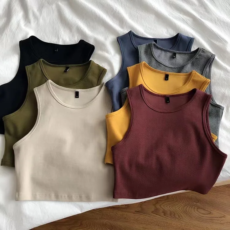 Summer Vest Women's High Waist Slimming Inside Take T-shirt Solid Color Round Neck Elastic Short Pullover Sleeveless Leggings