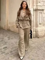 HH Women Loose Wide Leg Pant Set Fashion Lapel V Neck Long Sleeve Thin Blazer Coat With Belt 2024 Summer Ladies Solid Suit - Image 2