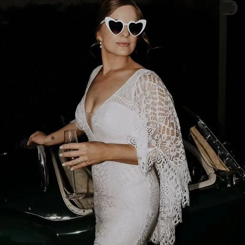 Maßgeschneiderte Sexy Spitze V-Ausschnitt Applikationen Neue Boho Meerjungfrau Brautkleider Sweep Zug Vintage rückenfreie Brautkleider Tüll Plus Size – Detail 3