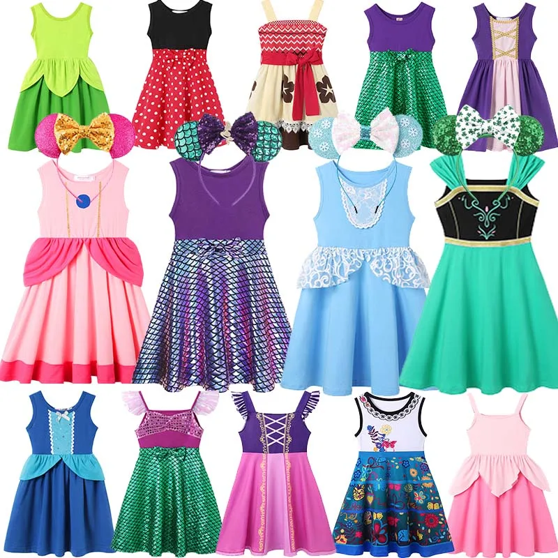 2024 Ragazze Summer Vest Dress Disney Girls Princess Mermaid Jasmine Elsa Anna Moana Summer Dress New Cotton Knee Length Sundress