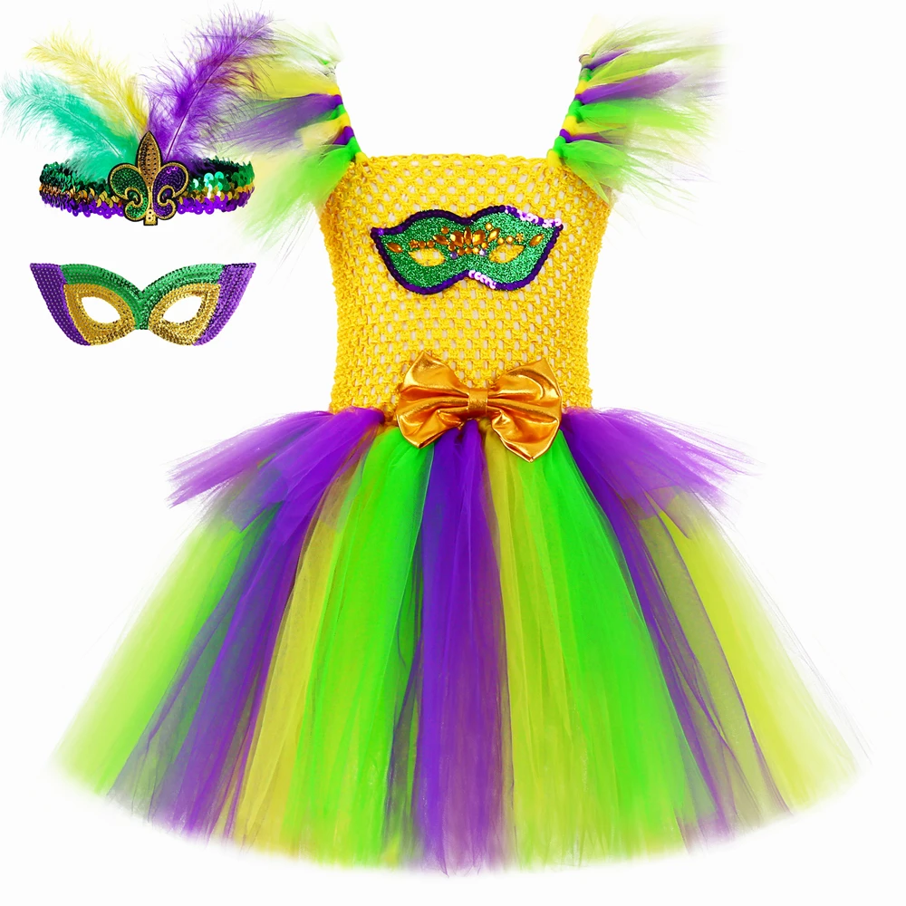 Mardi Gras Festival Tutu Dress For Girls Sparkly Carnival Costumes For Kids Masquerade Party Cosplay Outfit Con Maschera Di Paillettes