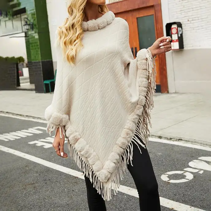 

Mao Mao Collar Solid Color Knitted Cloak Shawl Women's Temperament Commuter Pullover Tassel Design Ersonalized Street Style