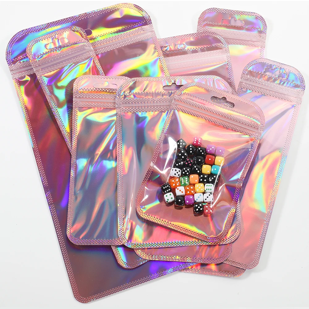 Jewelry Packaging Bags 50pcs Pink Laser Ziplock Reusable
