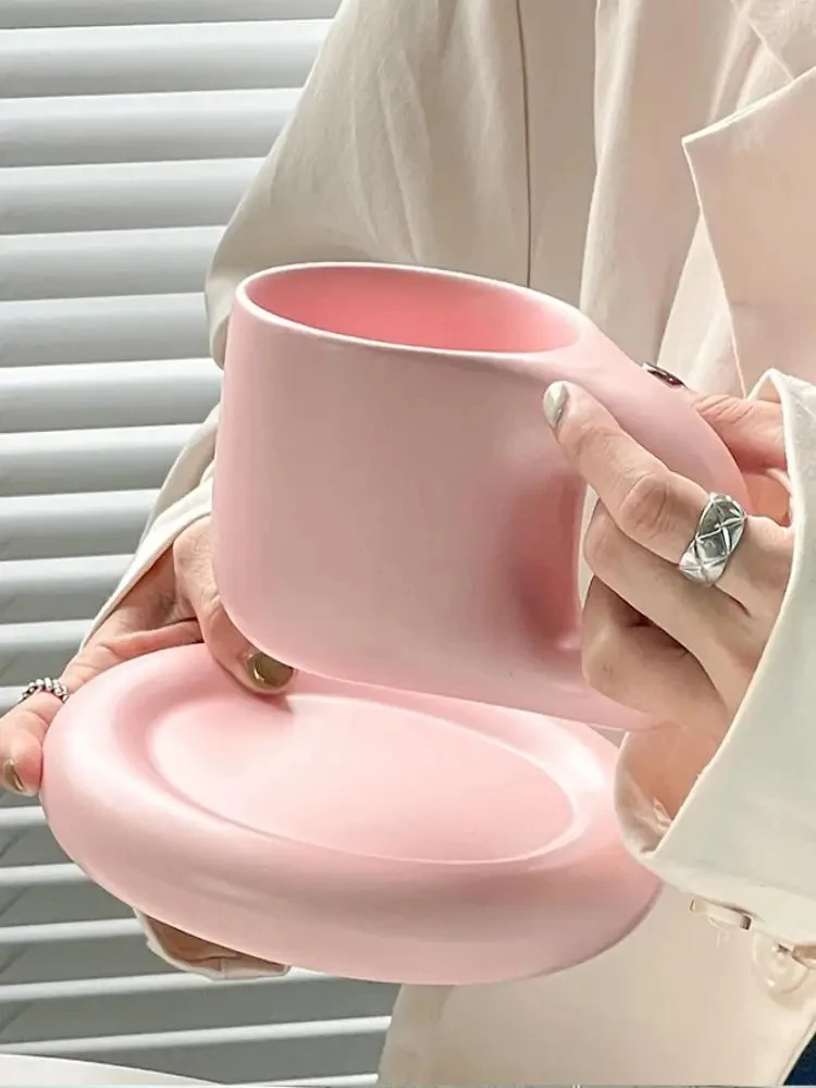 

Cute Pink Ceramic Mug Fat Cup Couple Coffee Cup Saucer Quirky Water Cup Thick Handle Ceramic Milk Cup Small Holiday Gift