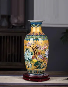Golden Jingdezhen ceramics, Chinese style enamel colored vase decorations, home decor, living room, antique rack, vase insertion