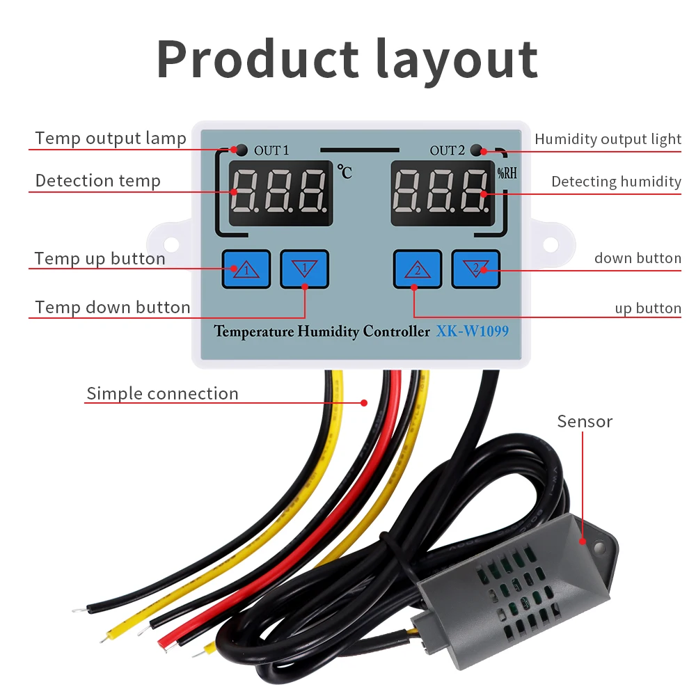 XK-W1099 Dual Display Digital Temperature Humidity Controller AC 110-220V