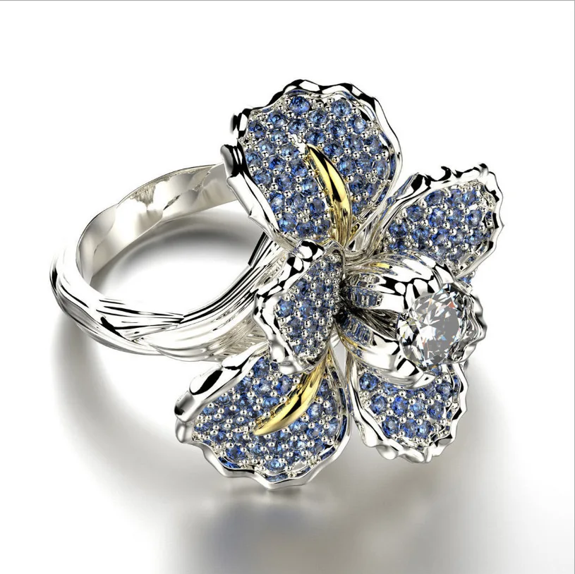 Wholesale Diamond Iris Two Tone Ring Blue Topaz Flower Engagement Cocktail Accessories