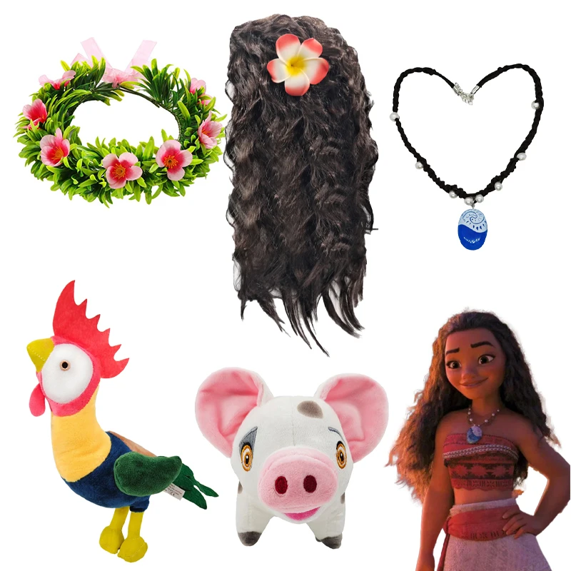 Moana Princess Cosplay Necklace Wigs Headwear for Girls Halloween Costume Party Dress Up Accessories Moana Pet Pig and Cock
