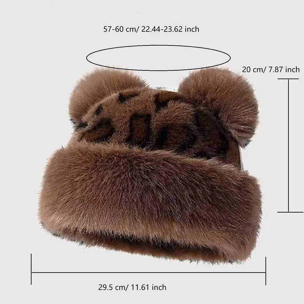 Retro Leopard Print Fur Hat Cute Fuzzy Bear Ear Beanie Hat Women Windproof Keep Warm Bucket Hats Winter Thicken Warm Russian Hat