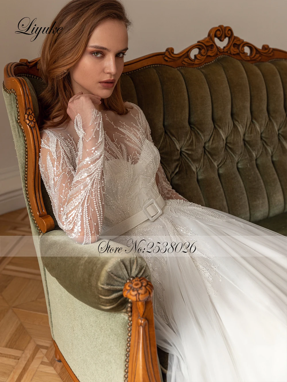 Liyuke Stunning A-Line Wedding Gowns Beading Embroidery Lace Full Sleeves Sliky Tulle Scoop Bridal Gowns 4