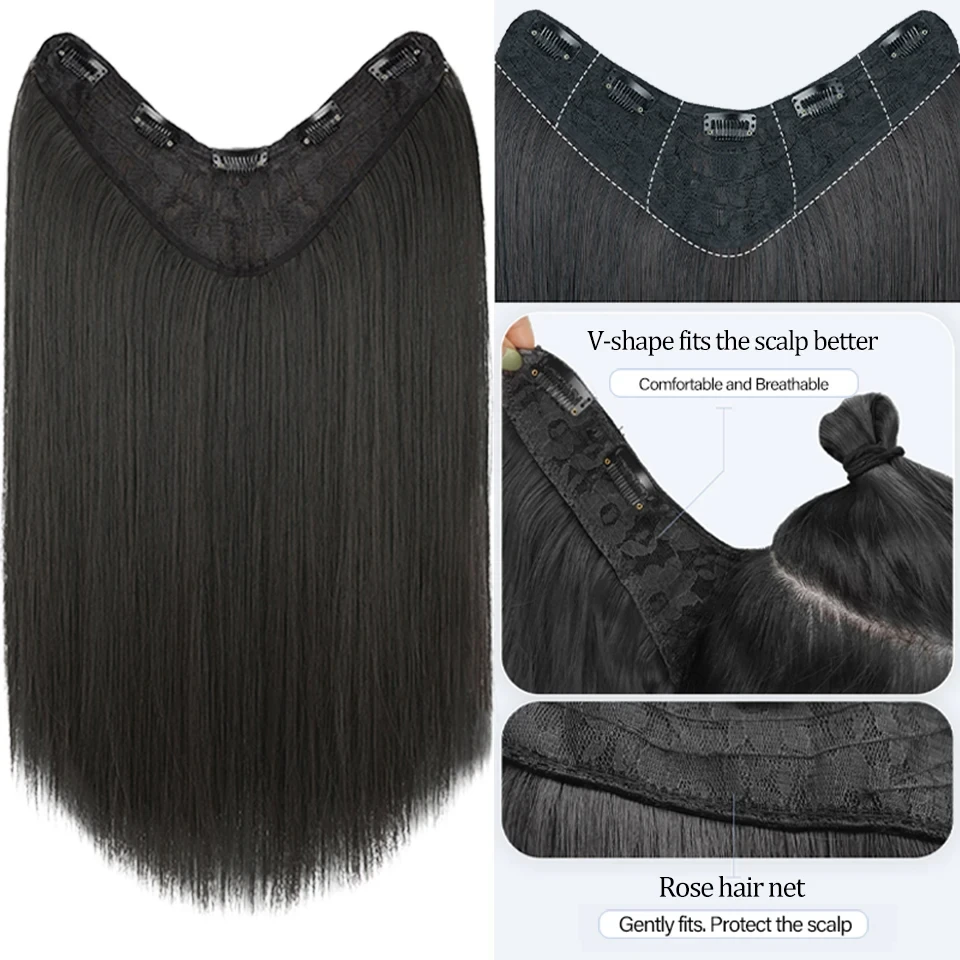 Synthetic Long Straight V-tip Clip in Hair Extension Heat Resistant Wavy False Hair High Temperature Fiber Hairpiece