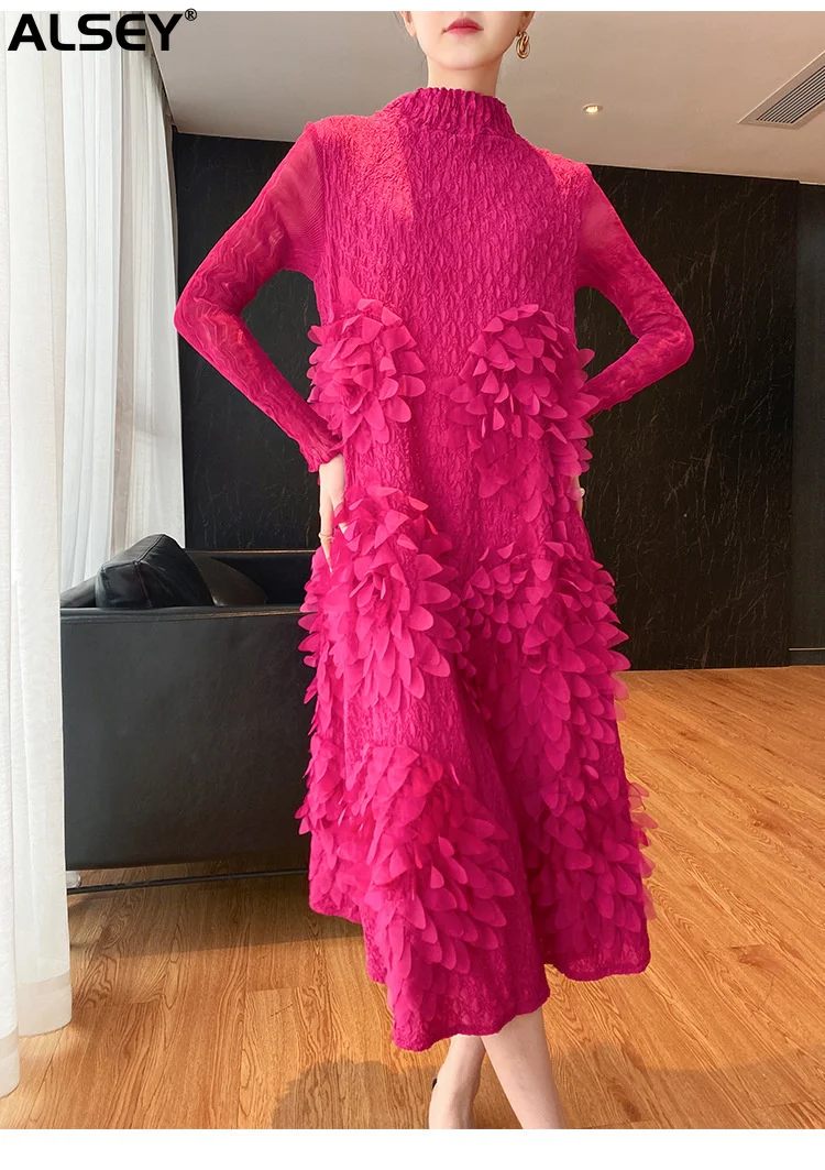 

ALSEY Miyake Pleated Dress Round Neck Long Sleeve Floral Embroidery Elegant Office Lady Women's Dresses Clothing 2023 Summer New